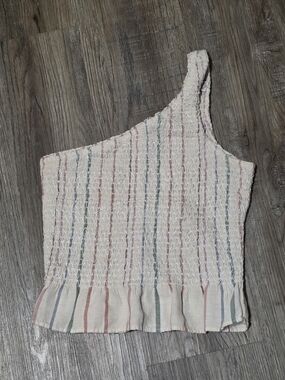 American Eagle Outfitters Cream One-Shoulder Striped Smocked